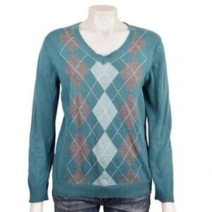 Van Heusen  Argyle Diamond Sweater V-Neck Long Sleeve Cotton Size Medium